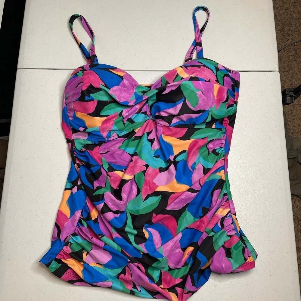 Ocean Blues Women's Colorful Leaves Tummy Control Tankini Top XL